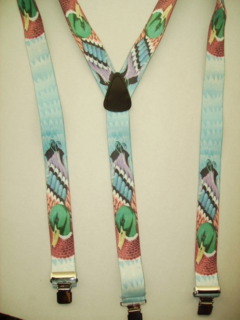 WILD LIFE MALLARD DUCK "Y" Style 1 1/2" X 48" long. All Straps are stretchable Cotton/Polyester Hand Washable-Hang to Dry Material with Real Leather Patch, 3 Strong 1" x 1" Stainless Steel Grips and Two Secure Stainless Steel Adjusters. Fits 4' 8" to 6' 2" Average Build. Y-UB420N48WLDK